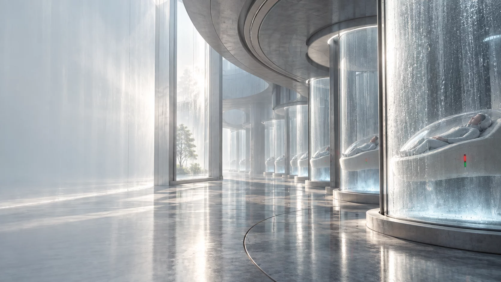 Personas dormidas en cápsulas transparentes alineadas en una sala de crío-sueño luminosa